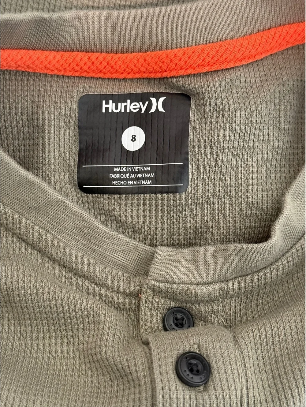 Hurley Boys' Long Sleeve Olive Green Waffle Knit Henley Shirt Size 8